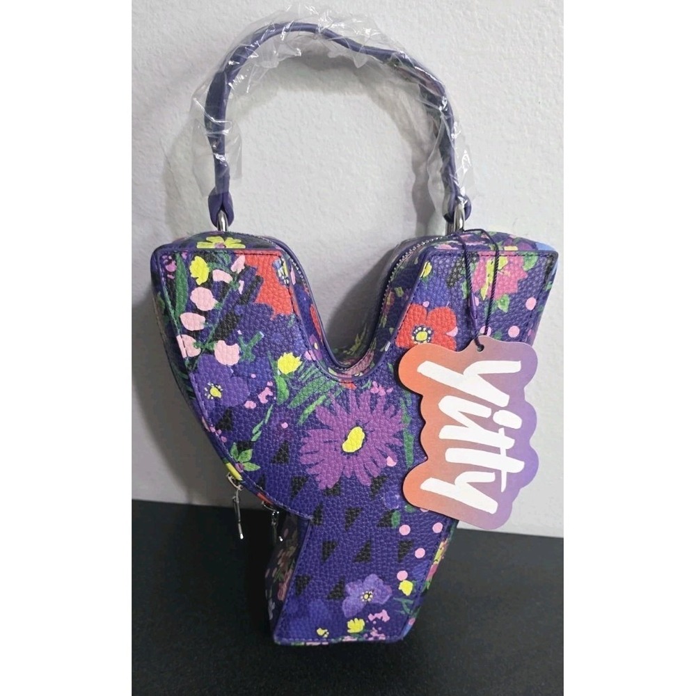 NEW Yitty Purse Y Shape Purple Floral W/Handle Zipper Closure Lined